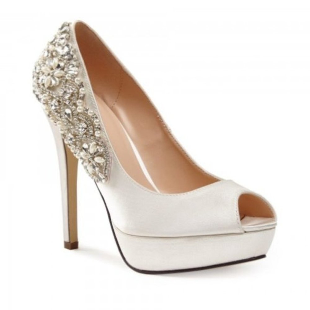 FSJ Ivory Satin Bridal Heels Rhinestone Peep Toe